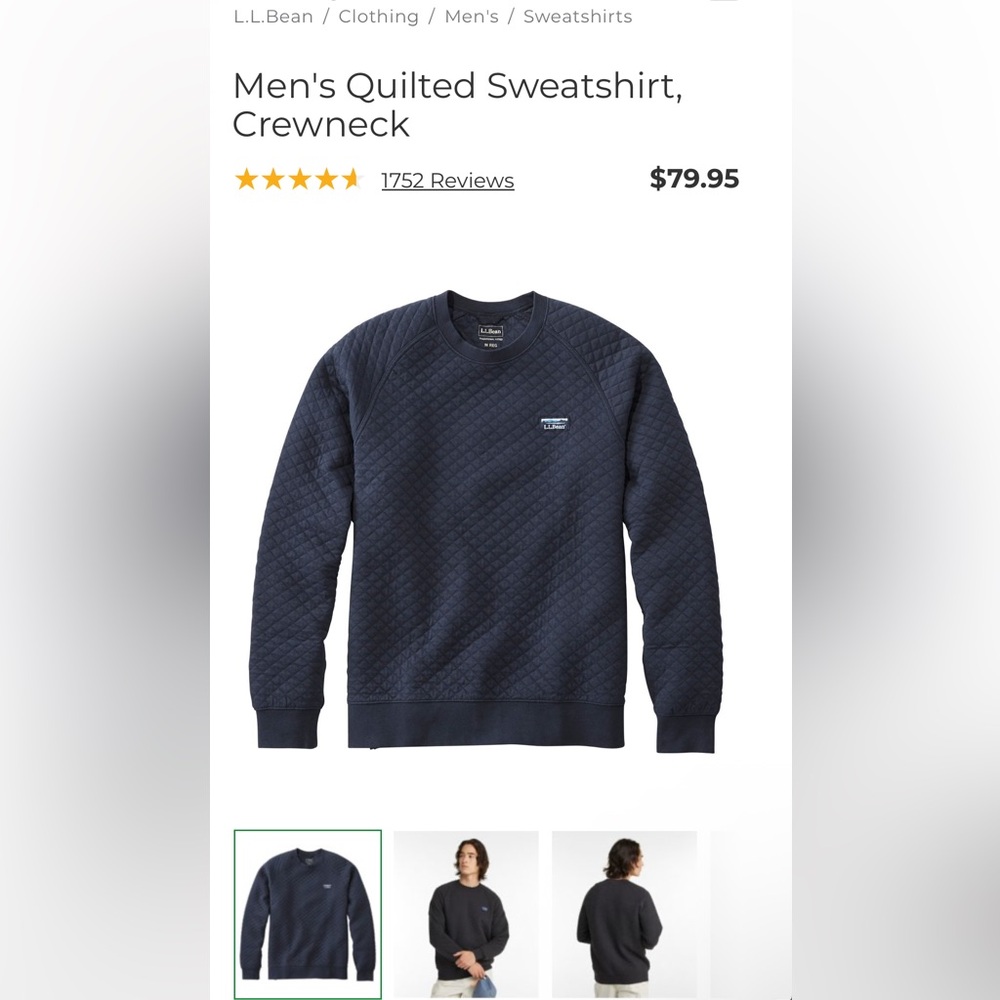 NWT L.L. Bean Quilted Crewneck Sweatshirt size Small
